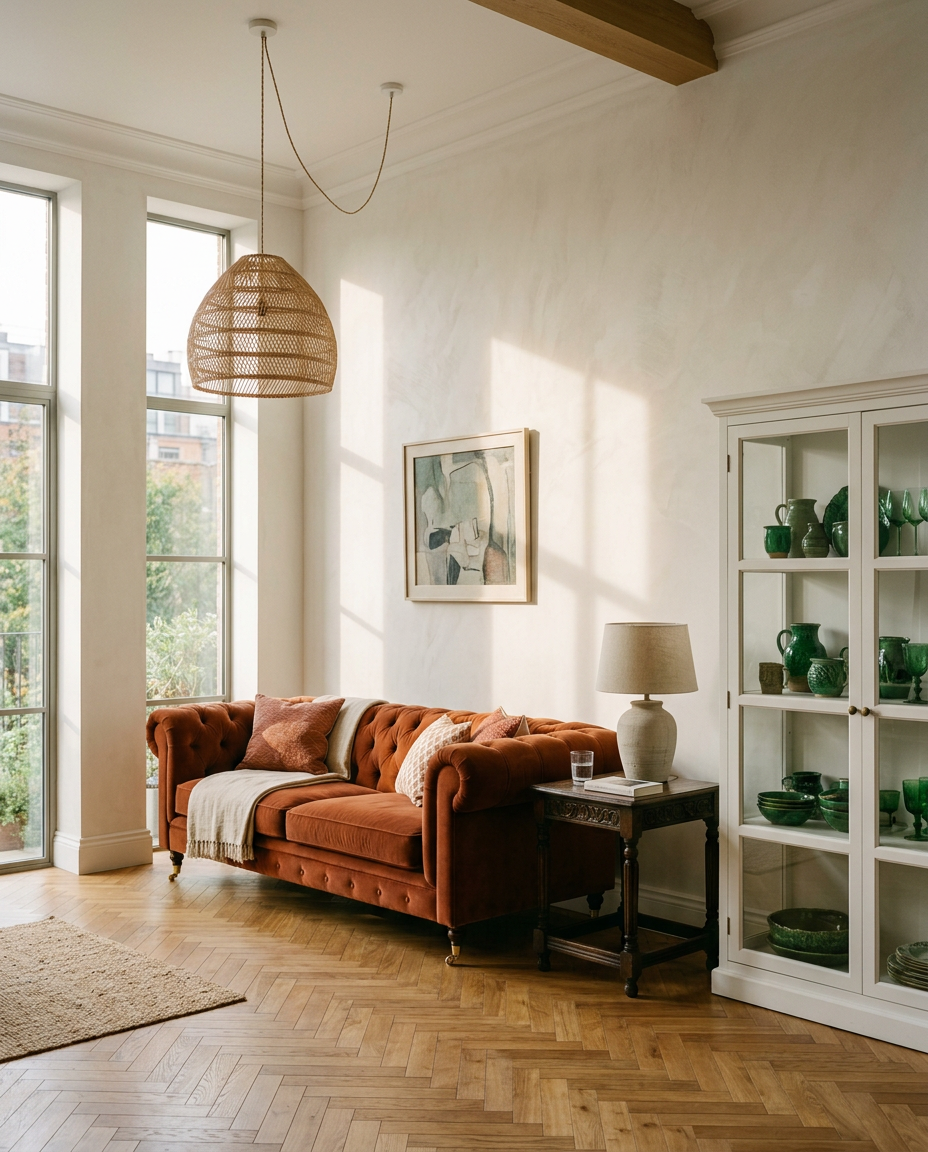 Salon lumineux avec canapé en velours et grandes fenêtres, image générée