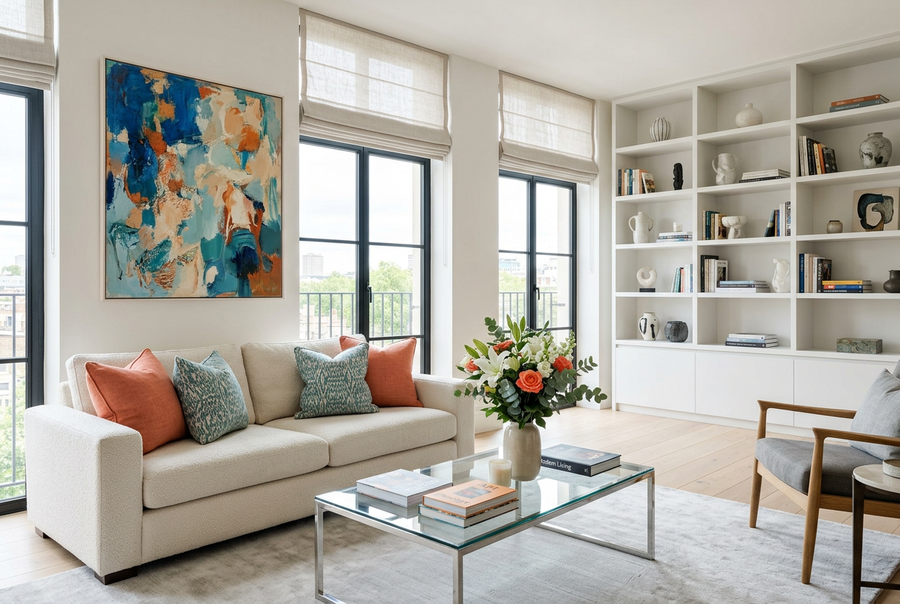 Salon clair avec tableau coloré et bibliothèque blanche, image générée