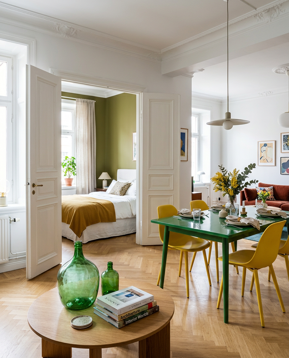 Salle à manger et chambre d'un appartement moderne, image générée