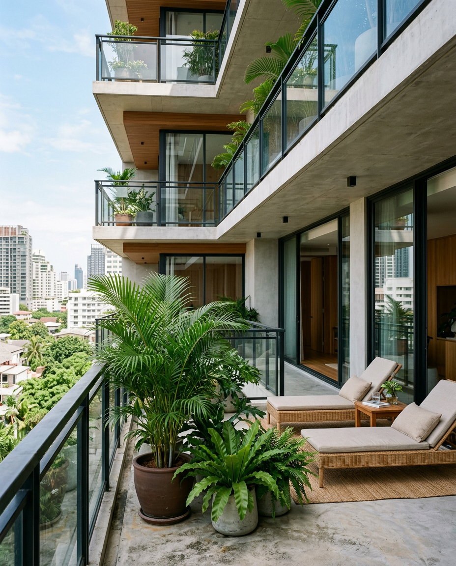 Terrasse d'un immeuble résidentiel moderne bordée de plantes, image générée